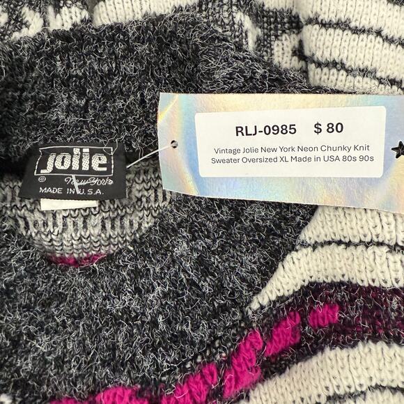 Vintage Jolie New York Neon Chunky Knit Sweater Oversized XL Made in USA 80s 90s - Picture 7 of 7